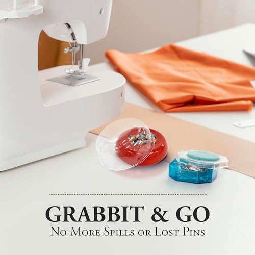 Image of Grabbit Magnetic Sewing Pincushion with 50 Plastic Head Pins - Magnet Pin Organizer for Quilting, Embroidery, Needles, Bobby Pins, & Craft Storage, Red
