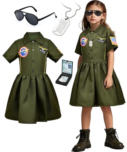 Latocos Girls Pilot Dress Costume Toddler Kids Military Aviator Fighter Suit with Sunglasses Necklace Halloween Career Day (110)