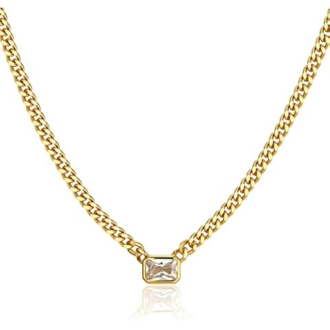 espere Baguette CZ Necklace | Emerald Cut Pendant Cuban Link Chain Choker 14'' with 2'' Extender Cover