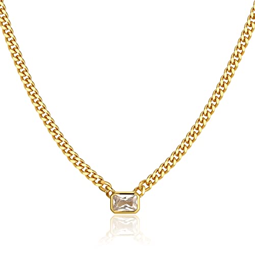 espere Baguette CZ Necklace | Emerald Cut Pendant Cuban Link Chain Choker 14'' with 2'' Extender