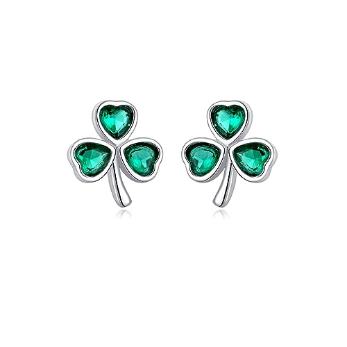 Reffeer Solid 925 Sterling Silver Green CZ Flower Stud Earrings Clover for Women Teen Girls Clover Stud Earrings Shamrock Earrings Green St Patricks Day Earrings Screw Backs (A-Silver)