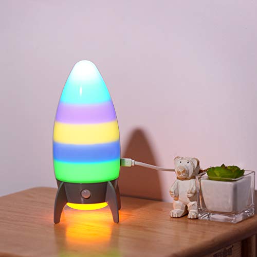 Rocket Night Lights for Kids with 7 RGB Color-Changing Motion Sensor, Warm White Spaceship Bedside Lamp Holiday Xmas Gifts for Baby Room, Bedroom, Hallway