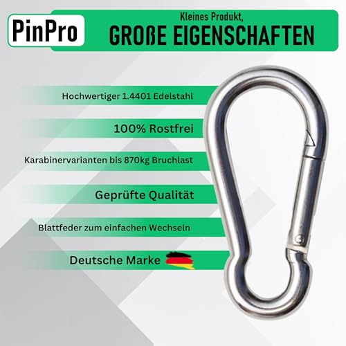 PinPro A4 Edelstahl Karabiner | 80x8mm - 2 Stück | 640 kg Bruchlast | Rostfreier NIRO AISI 316 Feuerwehrkarabiner mit Blattfeder