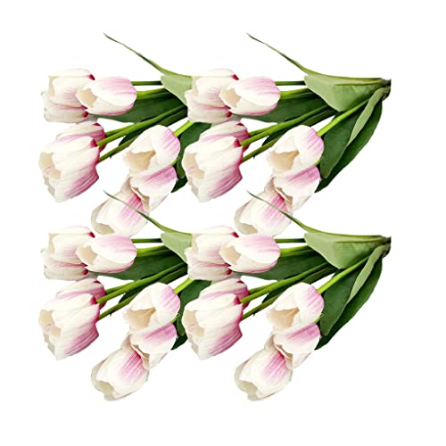 kesurpae 4X Fleurs Artificielles Real Touch 9 Têtes Bouquet Faux Tulipes De Mariage Centres De Plantes pour Fournitures De Décoration, Blanc Rose