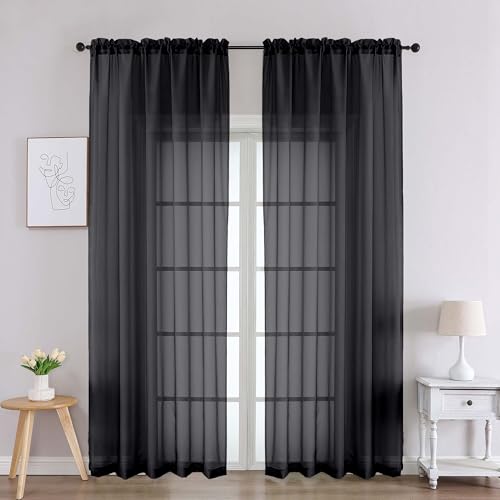 Image of Chyhomenyc Black Sheer Curtains 90 Inches Long 2 Panels, Light Filtering Black Curtains for Living Room, Soft Gentle Voile Rod Pocket Bedroom Window Drapes, 59Wx90L Inch, 2PCS