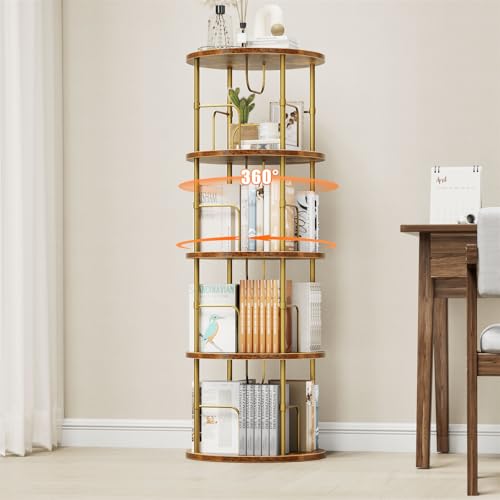 Image of ALLSTAND Rotating Bookshelf, 4 Tier Spinning Bookshelf Tower, 360° Display Unique Round Bookcase, Floor Standing Corner Revolving Bookshelf Storage Organizer for Small Spaces, Home Study Office, Gold