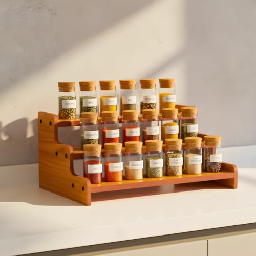 Image of 3-Tier Spice Rack, 13.8 Inch Wood Step Shelf Countertop Spice Storage Holder, Kitchen Pantry Cabinet Organizer Cupboard for Spice Bottles, Jars, Seasonings, Baking Supplies,