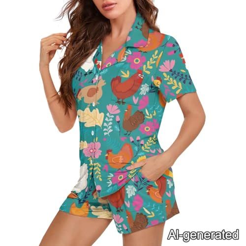 Image of Renewold Women's Short Sleeve Pajama Set Button Down Sleepwear with Notch Collar Soft Lounge Top and Shorts with Pockets