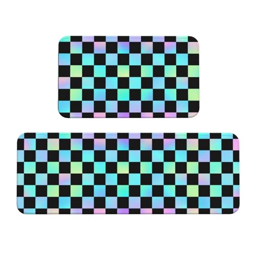 GVYGVY Antifatigue Kitchen Mats for Floor 2 Piece - Iridescent Checker Print Kitchen Rugs Washable, Non Slip Runner Rug Standing Mat for Office/Bathroom/Laundry/Home Decor and Accessories