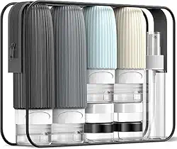 Kit 16 Frascos de Viagem – Recipientes Recarregáveis de Silicone Antivazamento para Shampoo, Condicionador, Licores e Artigos de Higiene Pessoal – Compacto e Portátil (TONS DE CINZA E PRETO)
