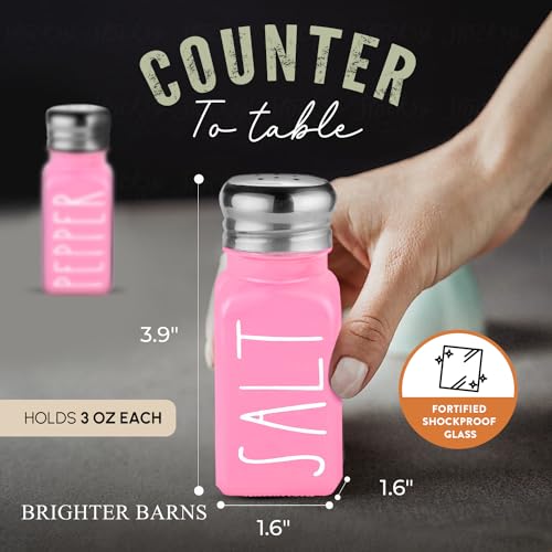 Image of Pink Salt and Pepper Shakers Set by Brighter Barns - Modern Kitchen Decor and Accessories - Cute Glass Shakers - Vintage Decor for Home, Restaurants, Housewarming Gifts & Stainless Steel Lids (Pink)