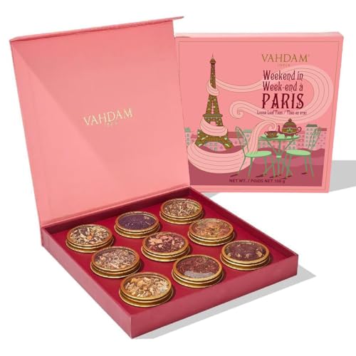 VAHDAM, Weekend in Paris Tea Gift Set - 9 Assorted Teas | Travel Edition Gift Box | Natural Ingredients Luxury Tea Set | Gluten Free, Non-GMO
