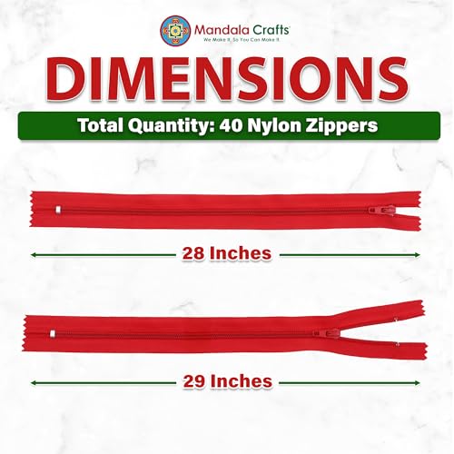 Image of Mandala Crafts 40 PCs Red Closed-End 28 Inches Nylon Zippers for Sewing