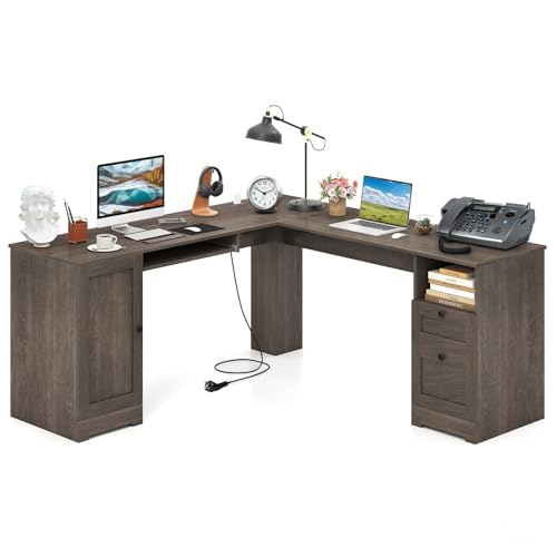 LIFEZEAL Bureau Angle en L avec Rangement, Station de Charge, Plateau à Clavier, Bureau Ordinateur avec 2 Tiroirs, Casier, Compartiment, Trou de Câble...