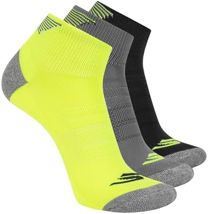 Skechers Men's 3-Pack Performance Golf Quarter Crew Socks, Odor Control & Mesh Ventilation, Safety Yellow/Steel Gray/Black, 10-13