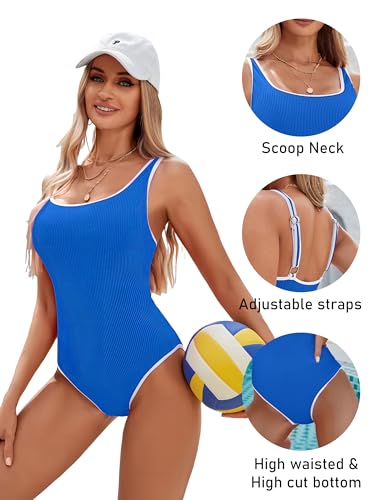 Image of BMJL Women's One Piece Swimsuit Sports Adjustable Strap Bathing Suit Color Block Ribbed High Cut Swimsuits