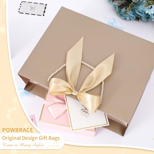 Image of Powbrace 13 inch Medium Beige Gift Bag Set with Handle - 2 Bags Featuring Bows, 4 Tissues, and 2 Greeting Cards for Wedding, Baby Shower, Father's Day, Mother's Day, Birthday Party