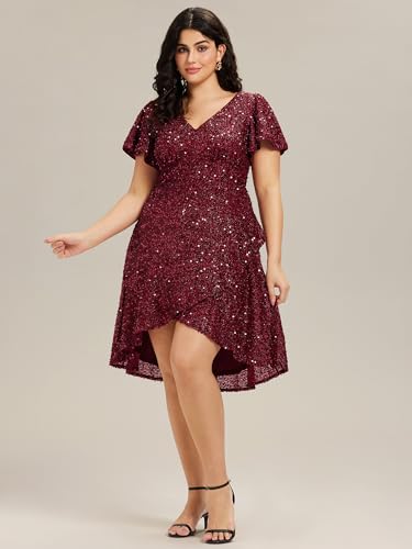 Ever-Pretty Plus Women's Formal Eveing Dress V Neck A-line High Low Sequin Plus Size Christmas Cocktail Party Dresses