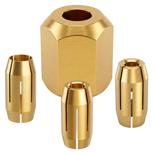 Dreyoo Replacement Collet and Nut Kit Compatible with CN1, Silver, 3 Collets (1/8-inch, 5/32-inch, 1/4-inch) and 1 Nut for Spiral Saw Tools and Drywall Cut out Tools(Gold)