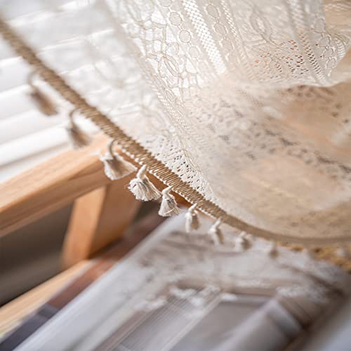 Topsmcher Boho Tassel Crochet Curtains For Windows,Vintage Rod Pocket Curtains 84 Inches Long Linen Curtains Geometry Striped Knitted Lace Light Filtering Beige Curtains 2 Panel Set For Living Room. #TOP1