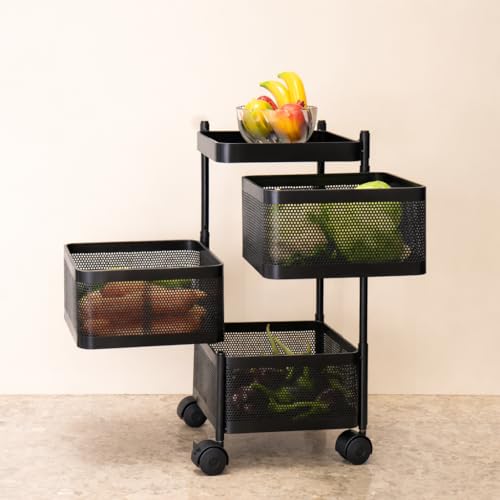 Image of RADIANT 3 Layer Multipurpose Plastic Trolley with Dish Rack for Kitchen Fruit Vegetable Storage Basket Kitchenware Food, Snacks, Toys, Tiered Shelf (Black) (Trolley Square-3 Layer)
