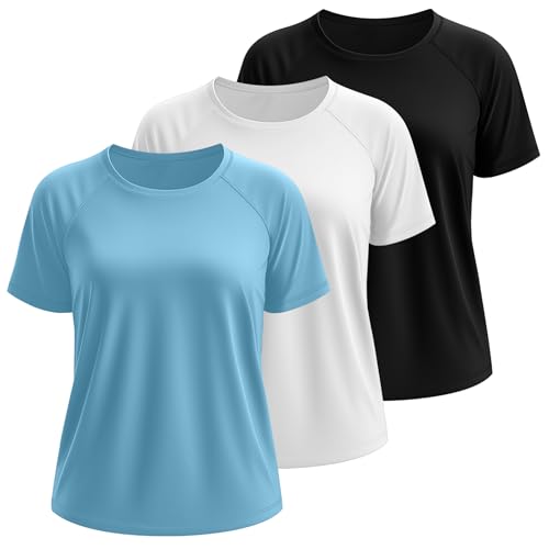 Huukeay 3 Pack Quick Dry Women's Plus Size Rash Guard Swim Shirts Short Sleeves Raglan Swimsuit T-Shirts Activewear Tops2