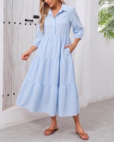 Image of Women Button Down Maxi Shirt Dress Long Sleeve Flowy Tiered Collared Dresses with Pockets