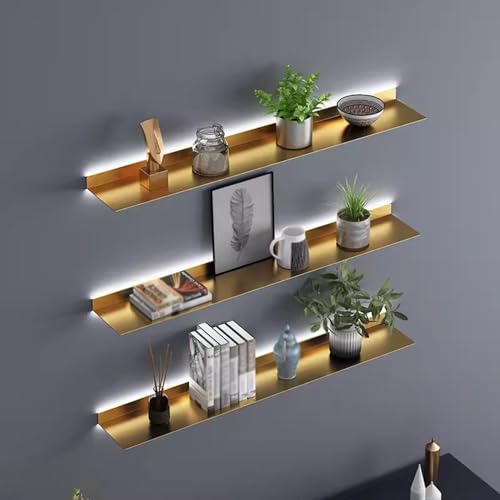 Étagère murale flottante lumineuse dorée 150cm meuble de rangement en fer pour bar et bureau