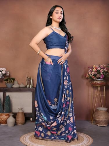 Image of SAMANTHA Black Floral Print Ready to Wear Linen Saree with Pocket & Adjustable Belt