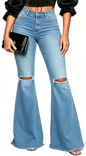 PaladMom Women's Bell Bottom Jeans Elastic High Waisted Raw Hem Wide Leg Flared Jeans Skinny Ripped Denim Pants 70s Outfits(Solid Blue,Small)