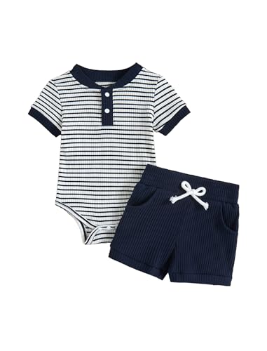 Image of Hihosdor Baby Boy Clothes Ribbed Short Sleeve Striped Romper Top Solid Shorts with Pocket Baby Boy Summer Outfits 0-18M