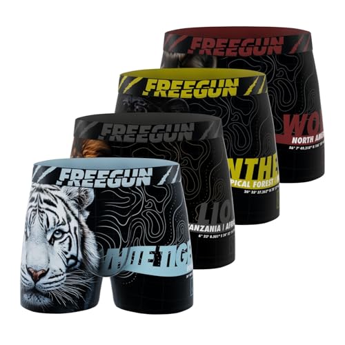 FREEGUN Boxer Enfant Savage Animals, Caleçon Garçon Respirant, Stretch et Doux (Lot de 4), Noir Taille 14 ans/16 Ans