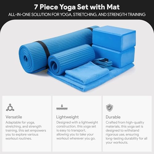 Image of BalanceFrom 7-Piece Yoga Set with 71x24x0.5 Inches Extra Thick Mat and Carrying Sling - Includes 2 Blocks, Stretch Strap, 2 Towels, and Knee Pad for Home, Studio, and Gym Workouts