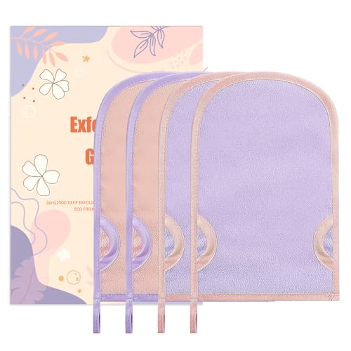 4 Pcs Exfoliating Gloves, Two Intensities Exfoliation Scrubbing Mitt Deep Body Exfoliating Glove Dead Skin Remover Shower Body Scrub Gloves for Women and Men(Purple & Pink)