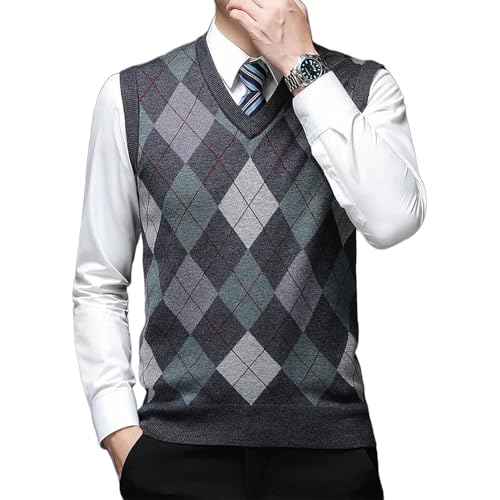 Men's Sleeveless V Neck Pullover Vest Fitted Casual Argyle knitted warm Sweater Color block Thick Vest2
