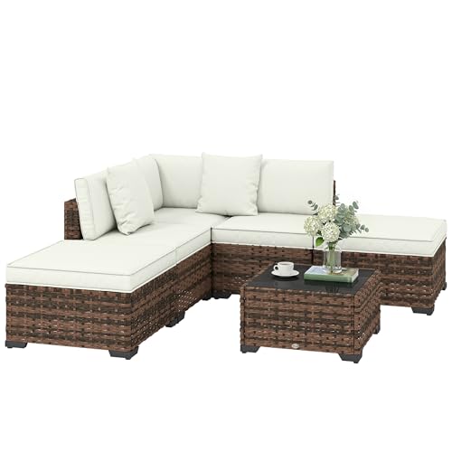 Outsunny Conjunto de Jardín de Ratán de 6 Piezas, Conjunto Terraza Resistente, Muebles Jardín Exterior Incluye Cojines, 4 Módulos de Asiento, 1 Sofá Esquinero y Mesa Centro de Vidrio, Marrón Mixto