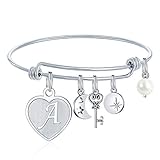 Heart Charm Bracelets For Women - Initial Charm Engraved Letter A Initial Bracelet Stainless Steel...