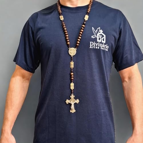 Terço Da Contemplação Dos Mistérios Em Madeira Com Medalhas De São Bento Grande 10mm Marrom