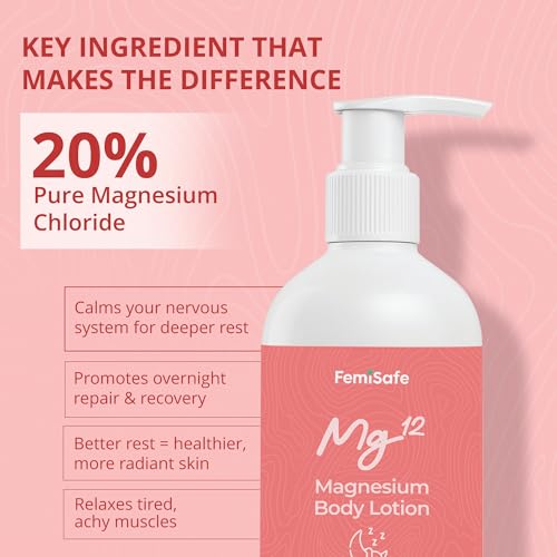 Image of FemiSafe Magnesium Sleep Body Lotion 20% Magnesium Chloride, Muscle & Leg Cramp Relief, Hydrating with Almond Oil, Chamomile, Lavender, Vitamin E + Aloe, Better Sleep Quality, Non-Greasy, 250ml