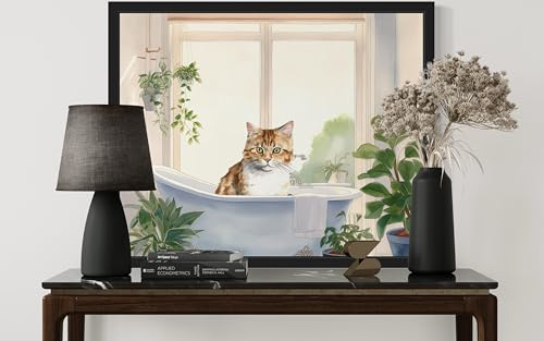 Image of Cat Black Framed Wall Art Poster Print, Animal Bathtub Restroom Wall Art Painting for Bathroom Decor Gallery Gallery 30 (Cat, 14 inch L x 11 inch W, Black Frame)