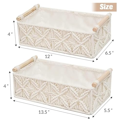 Image of Generic Macrame Storage Basket Tray - Cotton Lined Boho Decor Hamper with Wooden Handle for Gifts, Events, Parties, Bedroom, Bathroom, Home Decoration - Of-White - (Set of 2)