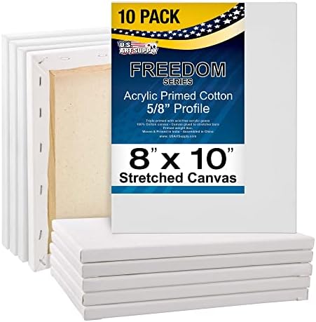 U.S. Art Supply 8 x 10 inch Stretched Canvas Super Value 10-Pack - Triple Primed Professional Artist Quality White Blank 5/8" Profile, 100% Cotton, Heavy-Weight Gesso - Acrylic Pouring, Oil Painting