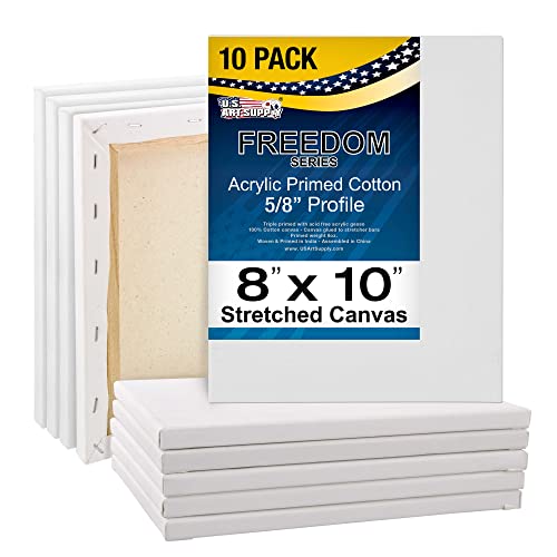 U.S. Art Supply 8x10 inch Stretched Canvas for Painting Super Value 10-Pack - Triple Primed Professional Artist Quality White Blank 5/8" Profile, 100% Cotton, Heavy-Weight Gesso - Acrylic Pouring, Oil