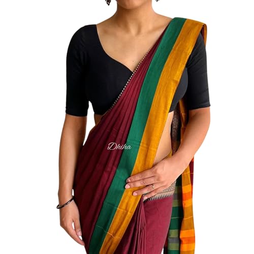 Image of Narayanpet Pure Cotton Avani Border Saree for Women with Running Blouse | Tassels | Traditional Woven Solid Design | Handloom Weave