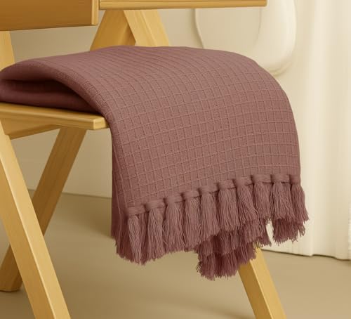 Image of Furnistitchs Bohemian Cotton Sofa Throw Blanket 50x60 inches | Waffle Knit & Chevron Pattern with Fringes | Aesthetic Decorative Couch Throw for Living Room & Bedroom (Onion Pink)
