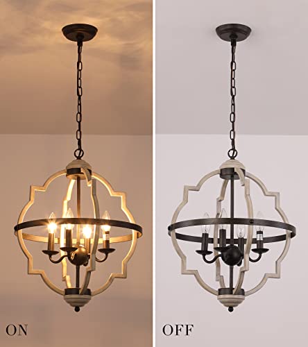 Amzasa Farmhouse Chandelier Orb And Oak Finish 4-Lights Rustic Vintage Chandelier Pendant Light Fixture For Kitchen Island Dining Room Living Room Foyer Entryway Ul Listed #TOP4