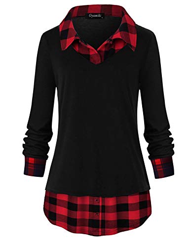 Oyamiki Women's Classic Collar Long Sleeve Curved Hem 2 in 1 Knit Pullover Plaid Contrast Tops Blouse Black/M