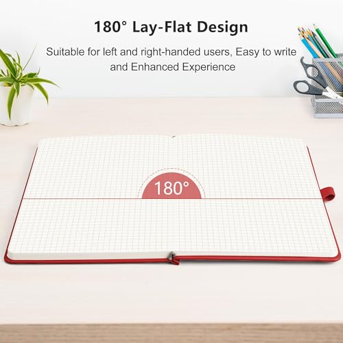 Image of RETTACY Graph Grid Paper Notebook, 192 Pages, A5 Size (5.7'' x 8.3'') | 5 Squares per Inch, Leather Hardcover, 100 GSM Thick Paper, for School, Students, Math, Engineering (Red)