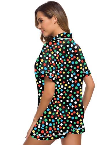 Image of SWOMOG Womens Silk Satin Pajamas Set Short Sleeve Sleepwear Button Down Top and Shorts Loungewear 2 Piece Pjs Set XS-3XL L v-painted Dots Medium