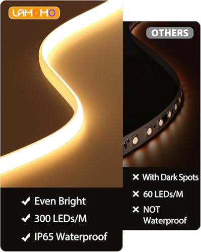 Image of Lamomo COB LED Strip Lights Pro, 9.84Ft Warm White Dimmable Self-Adhesive Led Rope Light with Remote, Flexible Cuttable Waterproof 3000K Silicone Neon Tape Lights for Bedroom, Indoor, Outdoor, Cabinet